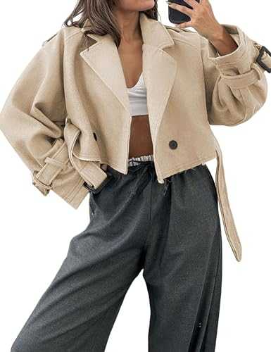 Bianstore Women's Casual Lapel Double Breasted Trench Jacket Cropped Wool Blend Pea Coat Outwear with Belt