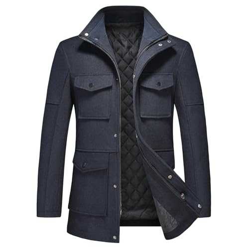 Men's Warm Winter Coat Mid-Length Multiple Pockets Overcoat Casual Peacoat