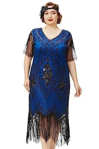 BABEYOND Plus Size 1920s Art Deco Fringed Sequin Dress Flapper Gatsby Costume Dress for Women