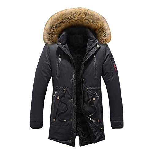 Mens Heavy Weight Fur Hood Parka Padded Winter Coat Jacket - Fur Collar Jacket Mens, Long Windproof Warm Cargo Coats Solid Thickened Outerwear Fleece Lined Overcoats Full Zip Trench Coat