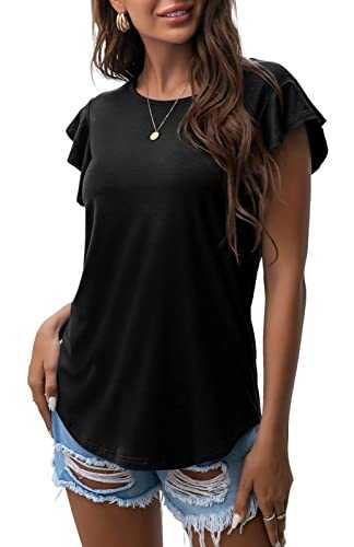 PrinStory Summer Tops Knit Shirts Casual Ruffle Short Sleeve Top Round Neck Tunic Tank Tops Tee Blouse for Women