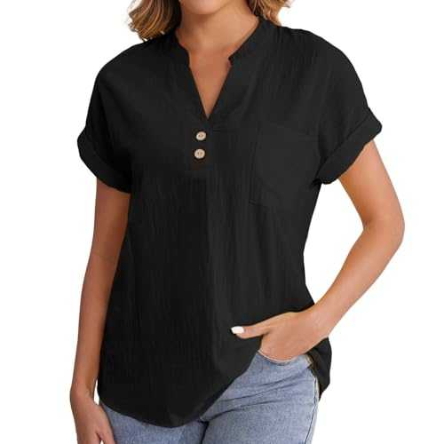 Qixiu Women's Fashion Casual V Neck Button Down Short Sleeve Top T Shirt Loose Graphic Tees Women