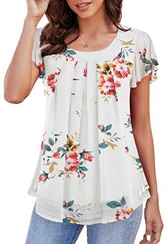 KOAIZ Womens Ruffle Short Sleeve Mesh Blouses Casual Pleated Tops Loose Flowy Tunics Summer Shirts