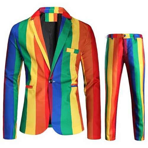 RUMAOZIA Men's 2-Piece Slim Fit Suit Rainbow Printed Slim Fit Blazer Tuxedo & Trouser Suits 2-Piece Business Suit Sets Business Wedding Modern Suits Jacket Suit Trousers