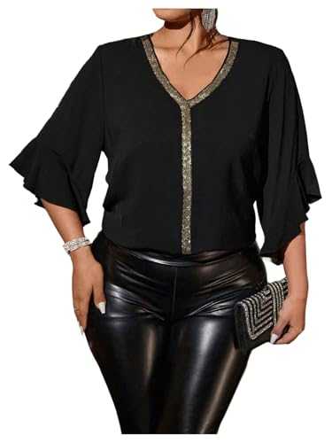 GORGLITTER Women's Plus Size Sequin 3/4 Sleeve Blouse V Neck Ruffle Sleeve Elegant Party Tops