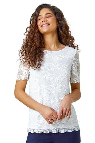 Roman Originals Floral Stretch Lace Top for Women UK - Ladies Everyday Holiday Spring Summer Round Neckline Comfy Soft Evening Vacation Work Party
