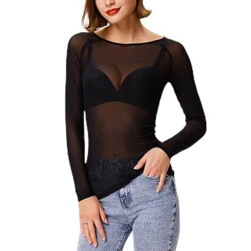 KFLY Women's Mesh Tops Long Sleeve Sheer Blouse Sexy Shirt See Through Clubwear Nightwear Black