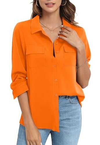 Women's Fall Long Sleeve Chiffon Blouse Business Casual Collared Button-Down Shirts with Pockets