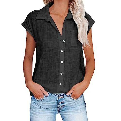 Womens Tops Shirt Plus Size SaleShirts for Summer Casual Cotton Linen Short Sleeve T Shirt Loose Fit Button Down Lapel Solid Color Tees Oversize Loose Tunic UK Size Elegant Sweatshirt for Ladies