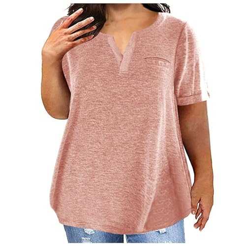 Women's Plus Size T Shirts Loose Solid V Neck Cotton Tops Cosy Short Sleeve Casual Dressy Cute Tees Lightweight & Comfortable Ladies Tops Shirt Trendy Summer Clothes, S-XXXXXL