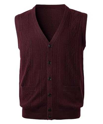 Harbrosrce Men's Cable Knit Sweater Vest Button Down Sleeveless Cardigan Waistcoat Wool Blend Gentleman Casual Knitwear Top with Pockets