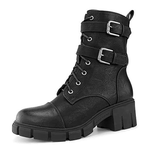 Hawkwell Ladies Combat Boots Side Zip Buckle Chunky Ankle Boots