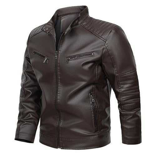 Mens Leather Jackets Sale Clearance Casual Faux Leather Motorcycle Jacket Biker Vintage Outwear Men's Stand Up Collar PU Faux Leather Jacket Zipper Motorcycle Bomber Jackets with Zip up Multi-Pocket