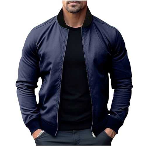 Mens Jacket Bomber Jacket Casual Lightweight Cotton Jacket Windbreaker Sportswear With Pockets Long Sleeve Zip Up Stand Collar Jackets Comfortable Material Regular Fit Tops Outdoor Hiking Clearance