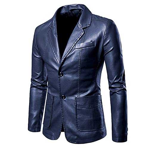 New Year 2023 - Men's Casual Coat Solid Leather Single Breasted Blazers Jacket Slim Lapel Collar Pocket Warm Long Sleeve Suit Coats Men Suits Slim Fit 3 Piece Designer (Blue, L)