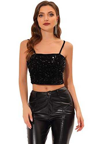 Allegra K Women's Velvet Spaghetti Strap Glitter Sequin Tank Camisole Club Party Crop Cami Top