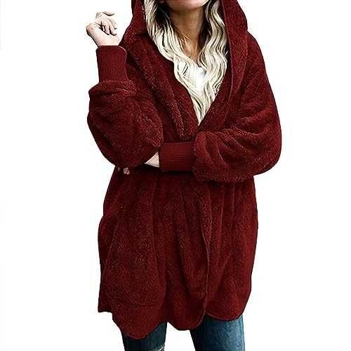 Womens Fleece Jackets Full Zip Fluffy Hoodie Teddy Bear Coats Winter Warm Soft Fur Jacket Hooded Plush Jumper Fuzzy Pullover Sherpa Fleece Overcoat Sweatshirt Cardigan with Pockets Ladies