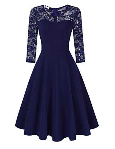 KOJOOIN Women's Floral Lace Dress Round Neck Cocktail Party Dress Vintage Swing Dress with 3/4 Long Sleeve