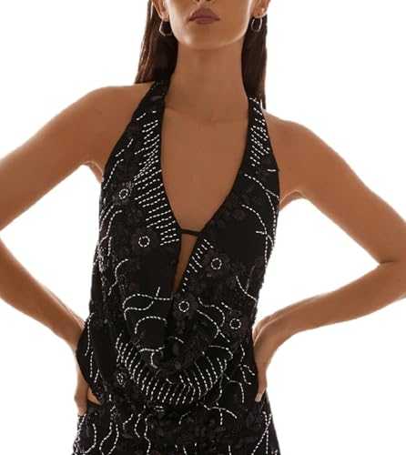 WangsCanis Women Y2k Sequin Halter Top V Neck Backless Sparkly Beaded Tank Top Cowl Sleeveless Glitter Crop Top