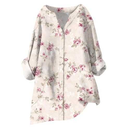 FJKVAVF Linen T Shirt for Women's Flower Printed Loose Fit Tee Tops Lapel Neck Button Blouses Long Sleeves Casual Tops V Neck Shirts Fitted Women Ladies Oversized White Shirt