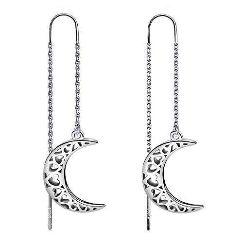 Meixao 925 Sterling Silver Filigree Crescent Moon Dangle Needle Threader Pull Through Earrings for Women