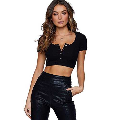 QKEPCY Women's Short Sleeve Crop Top Sexy Classics Fashion T-Shirt Button Round Neck Rib Tee Y2K Solid Casual Club Going Out Party Cropped Tee Shirt Top