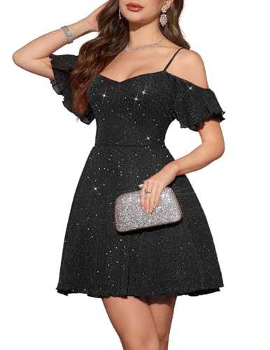 Meetjen Women's Sparkly Off Shoulder Prom Dress 2025 A line Tulle Spaghetti Straps Short Cocktail Dresses