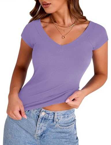 VVK Womens V Neck Short Sleeve Slim Fit T Shirt Tops Tee 2024 Summer Casual Ribbed Knit Sexy Off The Shoulder Tops