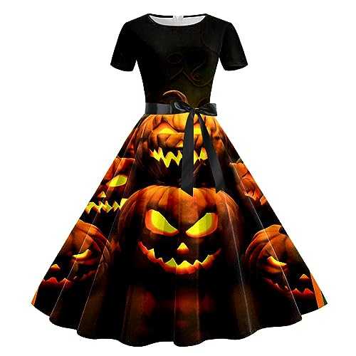 WLHBF Halloween Dress Plus Size Ladies' Halloween Pumpkin Printed Short Sleeve Printed Bow Dress Plus Size Long Pencil Dress (Black, S)
