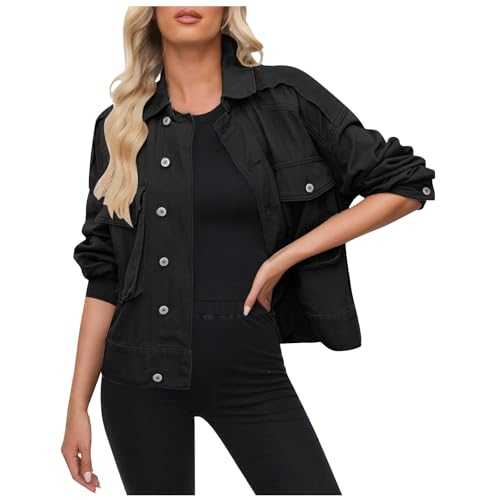 Womens Denim Jacket Button Down Stretch Boyfriend Jean Jackets Long Sleeve Button Up Loose Vintage Outwear Western Style Jacket Classic Biker Casual Trucker Jackets for Ladies Girls UK Clearance