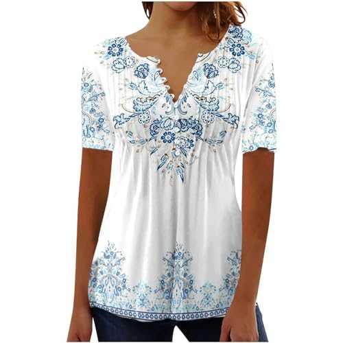 2023 Summer Short Sleeve Tops for Women UK Trendy Casual Floral Graphic Shirts Tunic Blouses Plus Size Crew Neck Boho Henley Tees