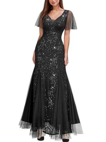 MIUSOL Women's Elegant V-Neck Tulle Sequin Embroidered Prom Bridesmaids Party Gown Formal Long Dress