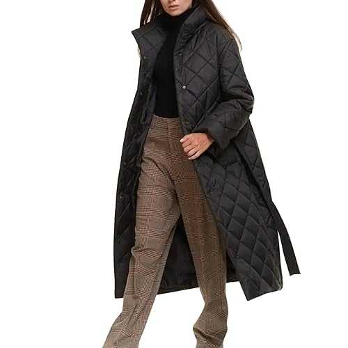 HAOLEI Long Quilted Jacket Women UK Maxi Length Winter Coats Warm Padded Jackets Puffer Coat Stand Collar Pockets Outerwear Outdoor Thick Fleece Button Down Outwear with Belted