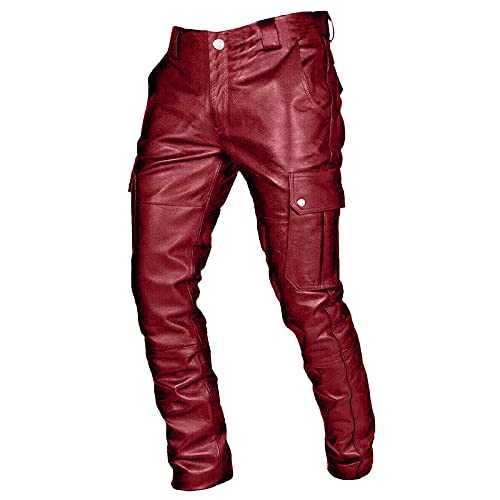 Red Leather Trousers Men - Motorcycle Combat Cargo Military Tactical Jogging Bottoms Safety Work Trousers with Pockets Tracksuit Pants Night Club Metallic Gold Suit Pants/Straight Leg Trousers
