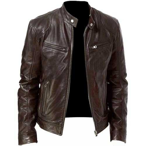 WTDXSPS Men’s Leather Jacket Casual, Motorcycle Bomber Leather Jacket, Outdoors Vintage Style of Jacket(Brown,L)