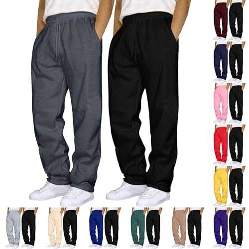 Men's Jogging Bottoms 2 Pack Open Hem Tracksuits Bottom Smart Casual Jogger Gym Sports Trousers Wide Straight Leg Activewear Drawstring Elastic Waistband Jogging Sweatpants for Men Adults