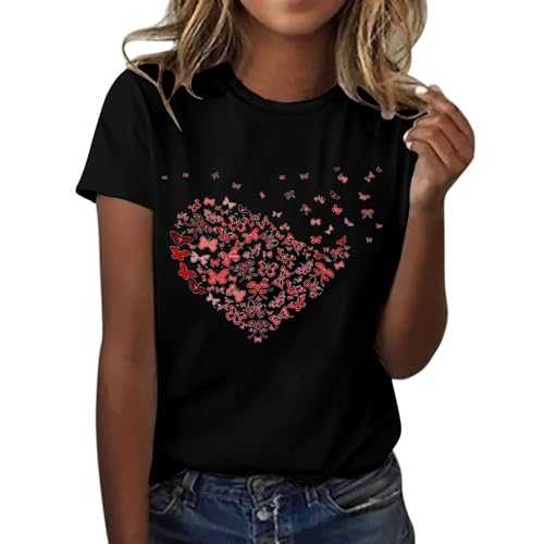 Ladies Short Sleeve Blouses Plus Size Crew Neck Black Blouses Comfortable Button Down Y2k Clothes Casual Love Butterfly Printed Shirt T Shirt Fashion Top Lightweight Soft Summer Clothes Sales