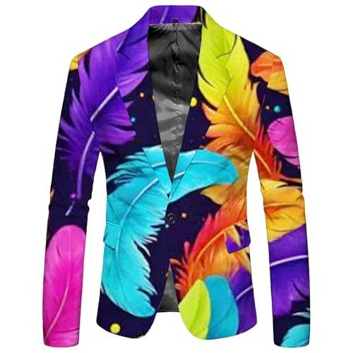Men's Feather Printed Blazer - Multicolour Party Suit Jacket - Vibrant Floral Slim Fit Blazer - Lightweight Single-Breasted Stylish Jacket - Unique Patterned Statement Coat