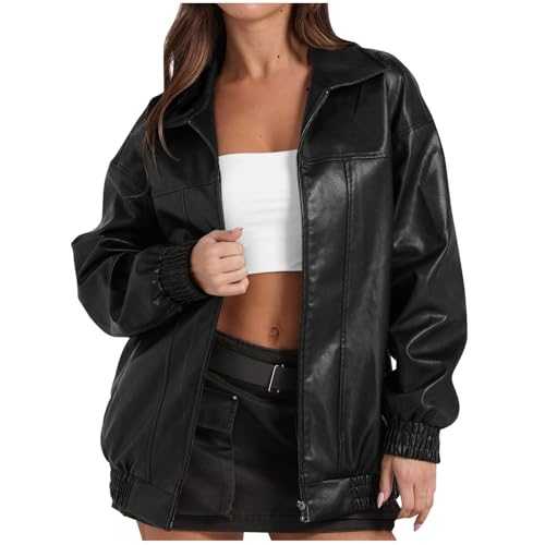Yolimok Leather Jacket for Women UK Sale,Faux Leather Oversized Coats with Pockets Women's Waterproof Jacket Long Sleeves Zip Up Motorcycle Bomber Jackets Y2k Tops Outfits Winter Coat Clothes