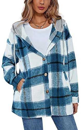 Maeau - Womens Check Coat Shacket Jacket Fashion Plaid Cardigan Long Sleeve Button Down Warm Shirt Casual Pattern Blouse Outwear with Pocket for Autumn Winter