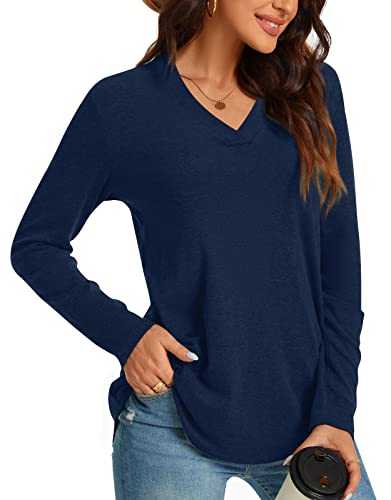 Anyhold Womens Fall Plus Size Long Sleeve Tunic Tops for Leggings V Neck Casual Loose Fit Blouse Shirt