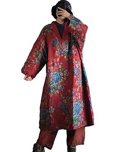 NFYM Women Winter Dress Coat Quilted Outwear Flower Printed Hit Color V Neck Japanese Style Robe Long Jacket Plus Size