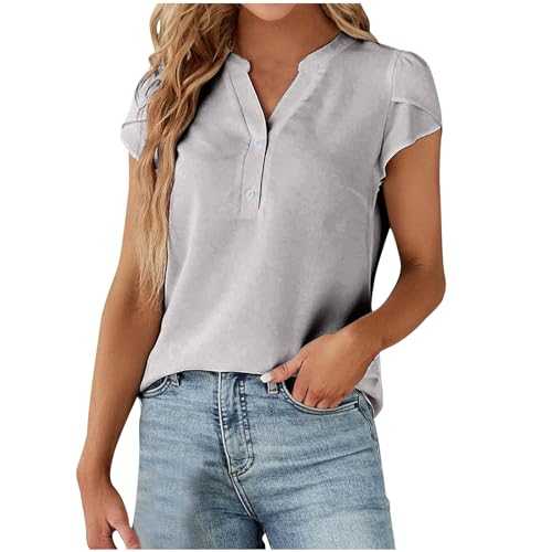Ladies Blouses Summer V Neck Short Sleeve Shirts Button up Puff Sleeve Blouse Plain Elegant T Shirts Office Work Tunic Tops Loose Casual Tees Shirts Going Out Top