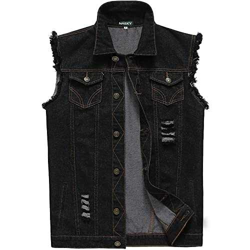 NASKY-Men's Fit Retro Ripped Denim Vest Sleeveless Jean Vest and Jacket