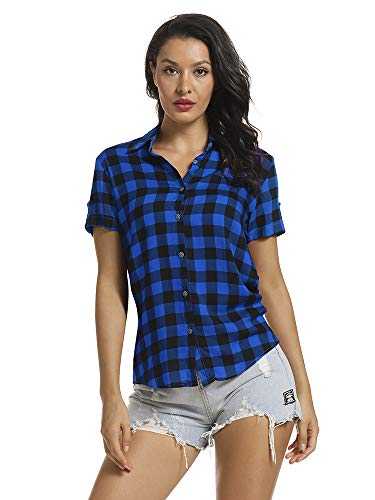 OCHENTA Women's Short Sleeve Plaid Button Down Shirt Button up Blouses Casual Summer Tops