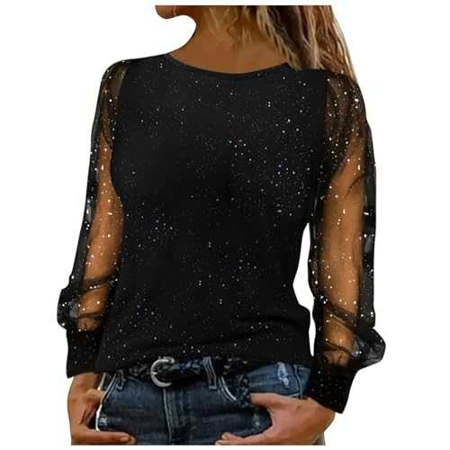 Keepink Sparkly Tops for Women UK Party Wear Lace Mesh Sheer Long Sleeve Top Elegant Dressy Blouse Crew Neck Sequin Tee Shirts Trendy Casual Glitter T Shirt Baggy Tunic Jumper Sale