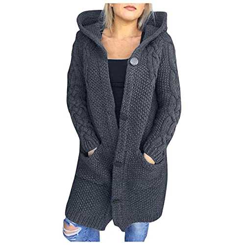 Nidddiv Chunky Knit Cardigan Ribbed Sweaters Thermal Winter Hoodies For Women Uk Hooded Thick Warm Outerwear Long Sleeve Button Down Cardigans Knited Jackets Solid Colour Loose Coats With Pockets
