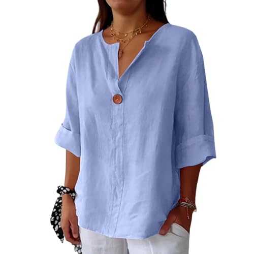 Womens Cotton Linen Shirts Summer Fashion Comfy V Neck 3/4 Sleeves Classic Casual Solid Color Loose Fit Button Down Top