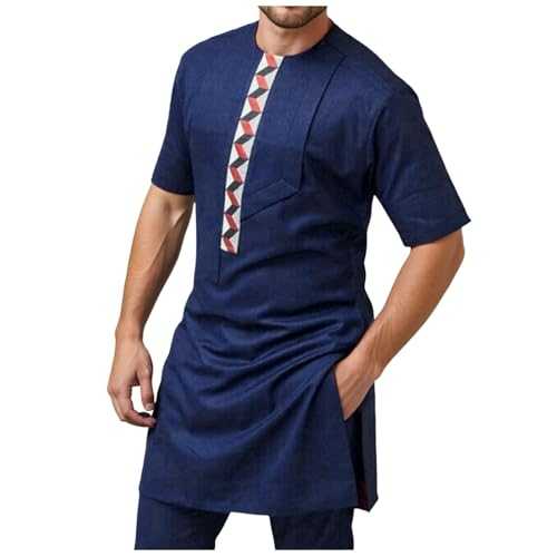 Generico Ethnic African Style Men's Long Sleeve Embroidered Shirt and Dashiki Pants 2 Piece African Set Formal Tribal Suits Clothing Tracksuit Traditional Path Party Dress