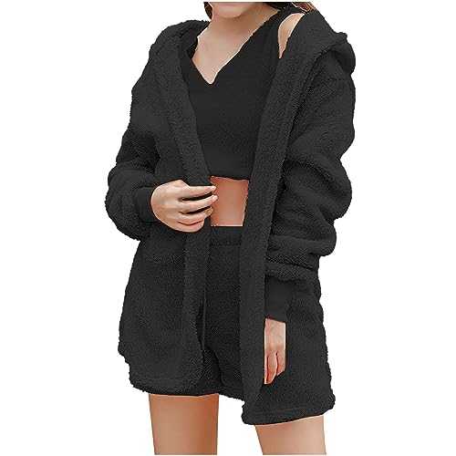 3 Piece Pajamas Set Women's Winter Plush Home Wear Casual Long Sleeved Fluffy Hooded Jacket Open Front Coat & Shorts & Vest Suit Fleece Nightwear Sleepwear Fashion Warm Teddy Lounge Wear